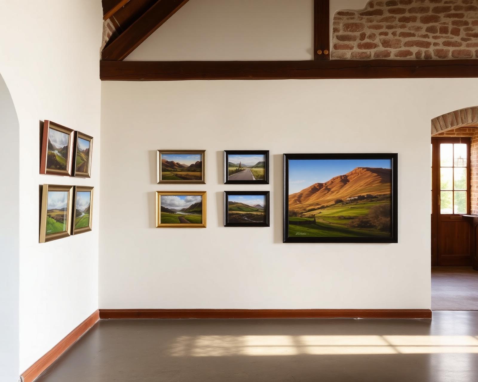 A wall of framed paintings in the Brecon studio