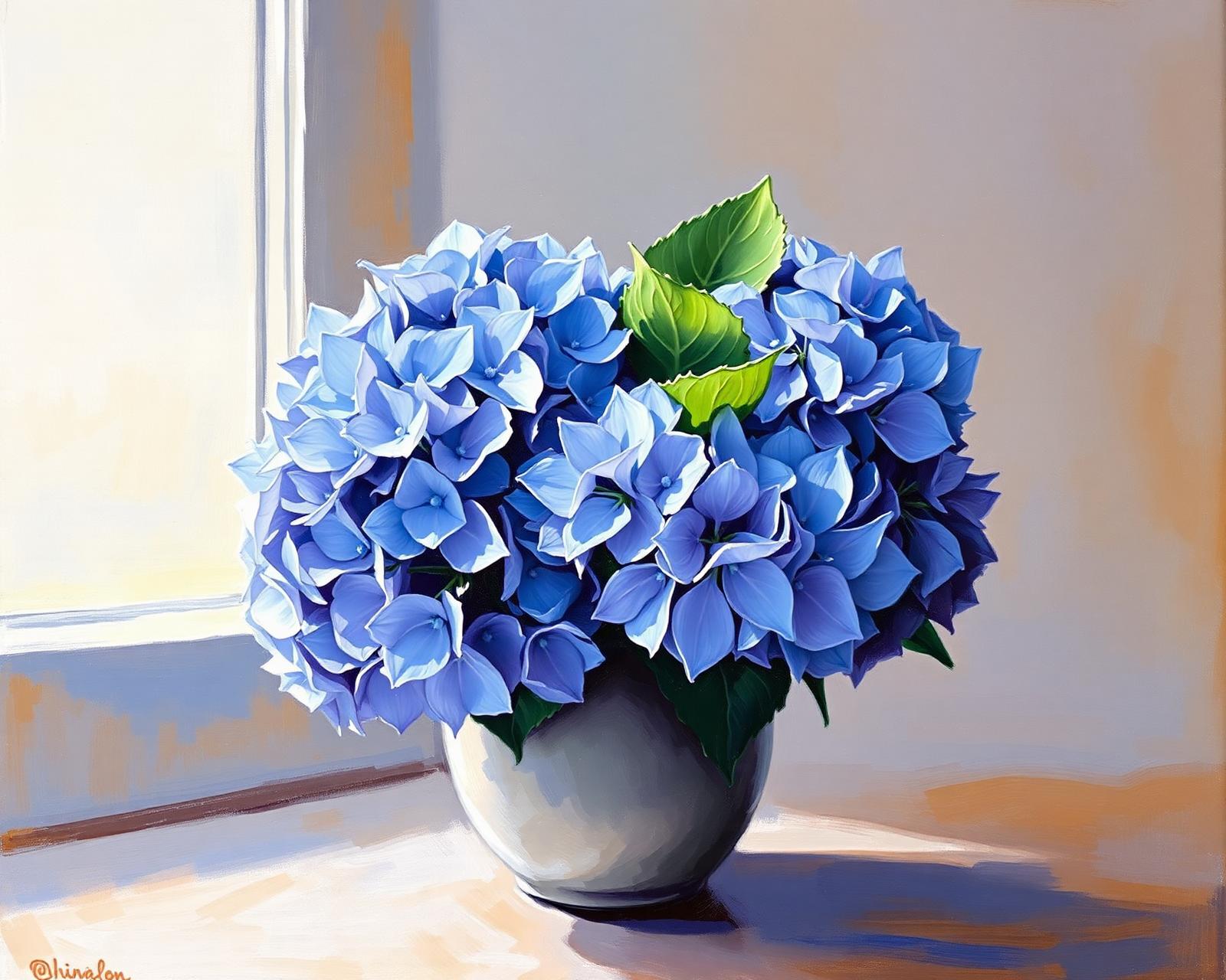 Hydrangea at the Window — Oil on canvas by Annette Davies