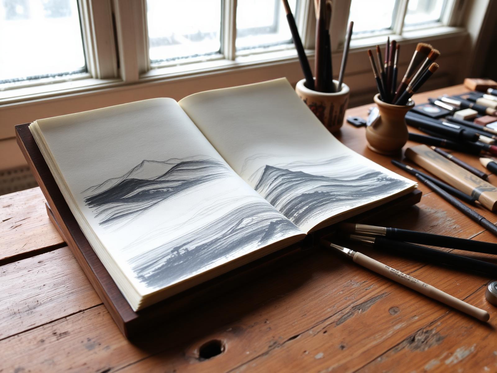 Studio sketchbook open on the worktable